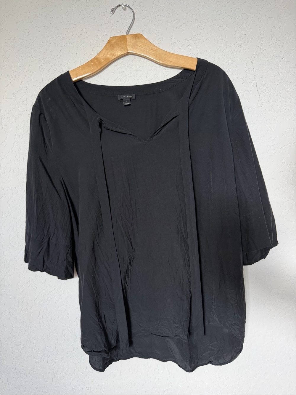 Ann Taylor Black Split-Neck Tie Blouse